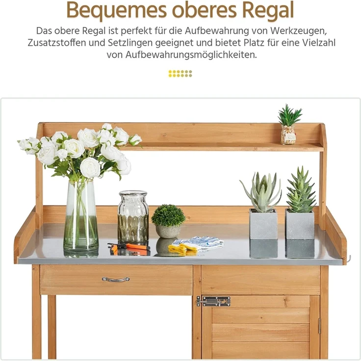 Yaheetech Pflanztisch mit Schubladen & Unterschrank, Blumentisch Gärtnertisch mit verzinkter Arbeitsplatte, wetterfest, 101 x 46 x 125 cm, Holzfarbe – Bild 7
