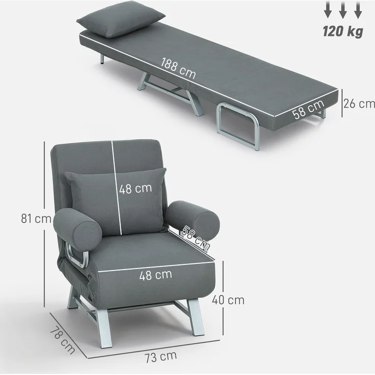 HOMCOM Schlafsessel, Polyester, Metall, Dunkelgrau, 78 x 73 x 81 cm – Bild 3