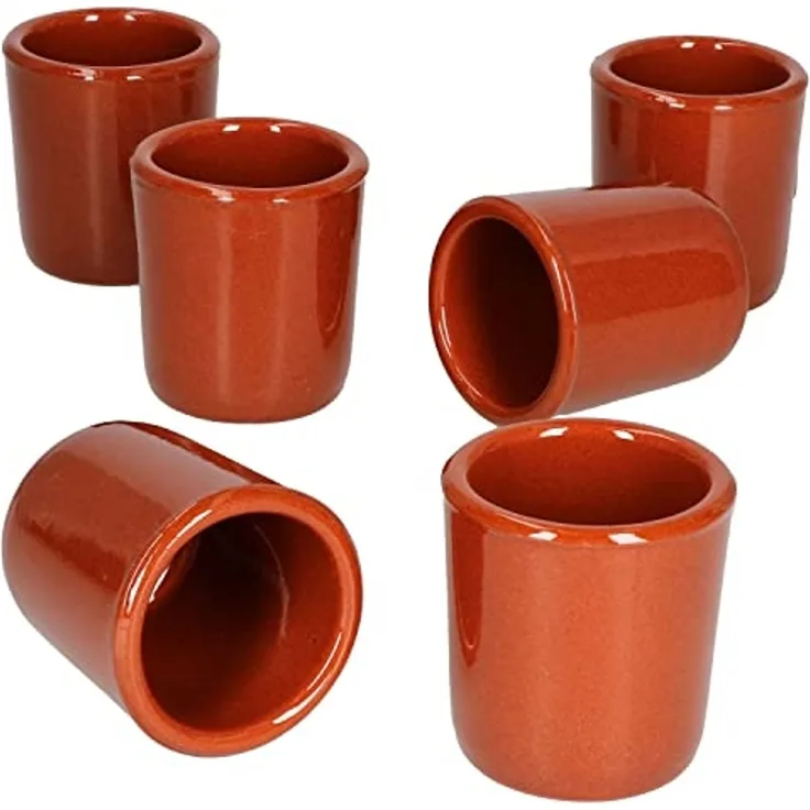 MamboCat 6er Ton Schnapsbecher 50 ml Vollglasiert Shot-Glas Mediterran Unikat Handarbeit Tonbecher
