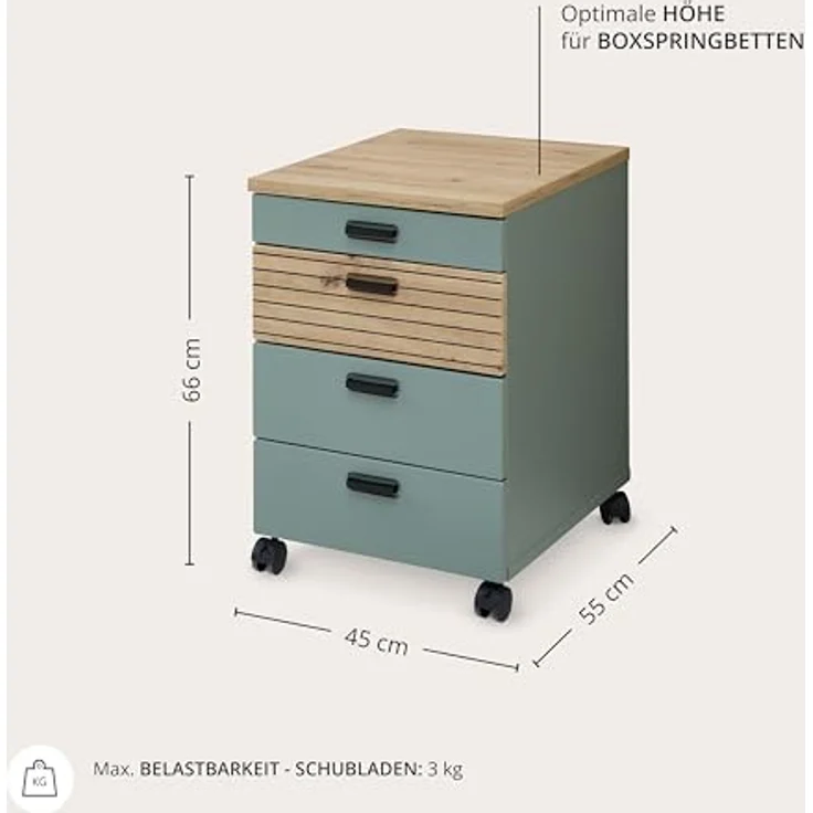 Stella Trading Glenn Rollcontainer Schreibtisch in Schilfgrün, Artisan Eiche Optik - Mobiler Büroschrank mit Schubladen - 45 x 66 x 55 cm (B/H/T) – Bild 8