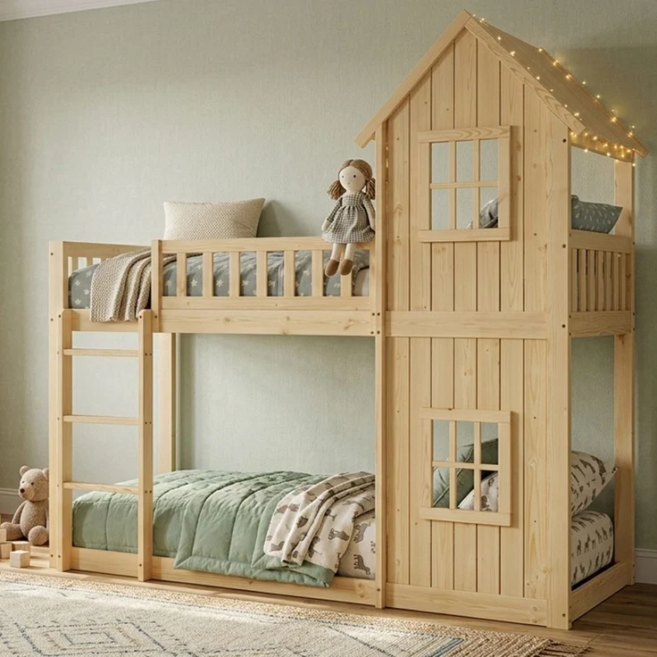 Etagenbett mit Rausfallschutz, Trittleiter und Lattenrost, 90x200 cm, Kinderbett, Kiefer – Bild 2