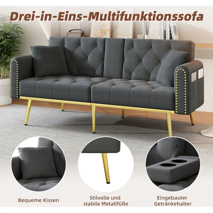 ZUBALIYA Schlafsofa 80x73.5 cm, mit LED - Beleuchtung, mit Stauraum, mit Leiter, mit Samtbezug, mit breiten Armlehnen, Gold – Bild 5
