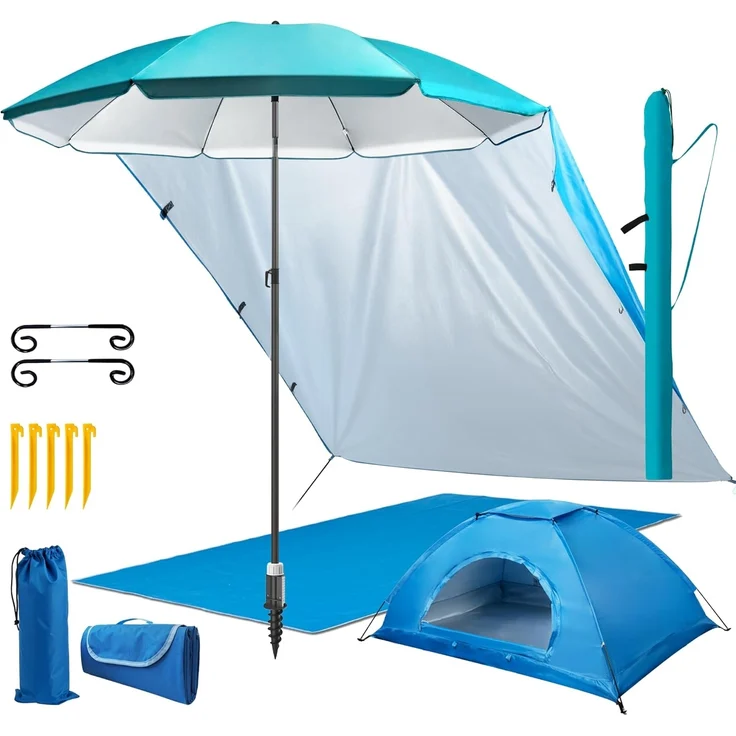 4smile Sonnenschirm 6er-Set in Türkis, Ø 200 cm, Sonnenschirm Strand, praktische Strandmuschel(2x1,5 m), Schirmständer Erdspieß, Sonnensegel Strand, leichte Stranddecke(2x2 m), Schirmhülle – Bild 1