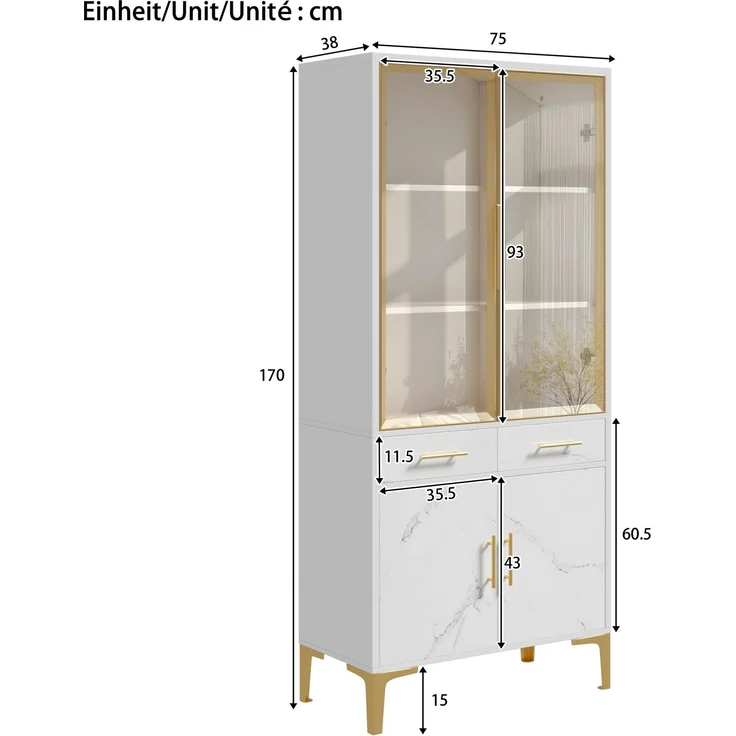 ZUBALIYA Vitrine, mit Schubladen, mit Stauraum, mit LED-Beleuchtung, mit App-Steuerung, H 170 × T 38 × B 75 cm, Weiß, MDF / Spanplatte – Bild 3