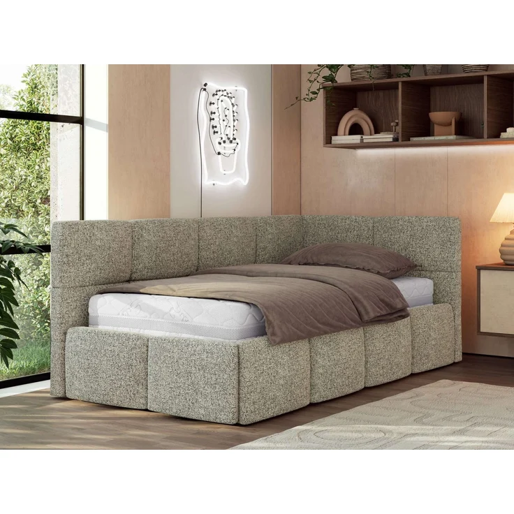 Jugendbett 90x200 ARVO Polsterbett mit Bettkasten, Stauraum & Gasdruckfeder, Modernes Design mit Kopfteil, Multipocket Matratze - Grau Strukture - ELORI LUX - Rechts Seite – Bild 1