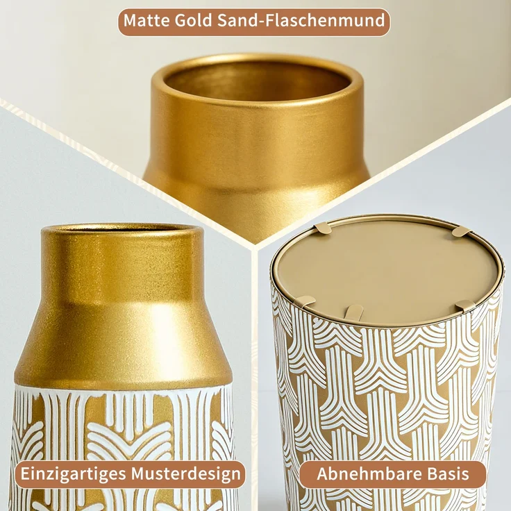 Goldene Bodenvase 3er Set, Moderne Metall Vase mit geometrischem Muster, 42/51/60,5 cm Groß Dekovase für Wohnzimmer, Esszimmer, Trockenblumen & Pampasgras--Gold--24.73x23.6x66.49cm--YOUDENOVA – Bild 5