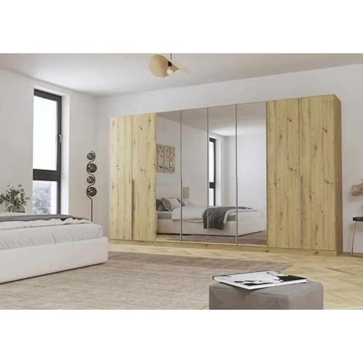 Rauch Möbel Alabama, Kleiderschrank für Schlafzimmer, Kinderzimmer, Wohnzimmer, Garderobe, Flur, 8-türig, Spiegel, mit Zubehör Basic, Farbe Eiche Artisan, Holz, Breite 360 cm – Bild 2