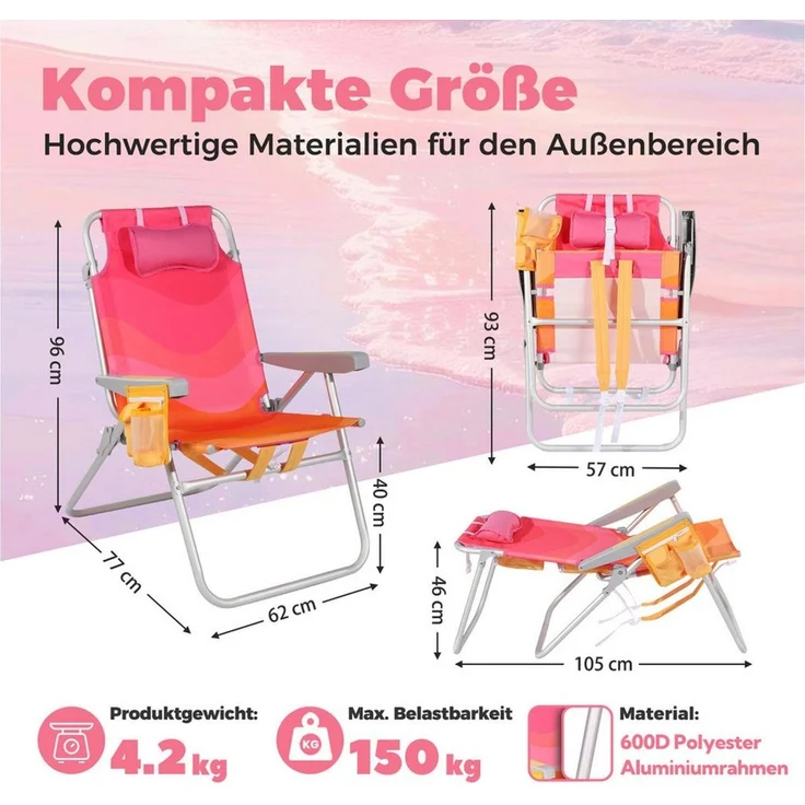 HOMECALL Klappstuhl Strandstuhl Leicht Klappbar Camping, 5-fach verstellbare Rückenlehne (Bis150KG Aluminiumrahmen, groBe Kuhitasche und Aufbewahrungstasche, 1 St), Seitentaschen, Kopfstütze, Schultergurten, Handtuchhalter – Bild 2