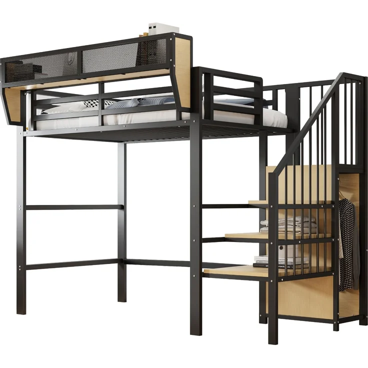 Merax Hochbett 90x200cm, Etagenbett, Kinderbett mit Sicherheitsleiter und flexiblem Staufach, Metallbett, Schwarz – Bild 10