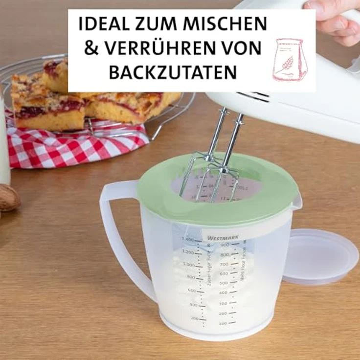 Westmark Rührschüssel (2,5 l) und Rührbecher "Helena" (1,4 l) – Rührschüssel mit Spritzschutzrand und Gummiring – Becher mit Ausgießer und Messskala – Mint-grün/Weiß – Bild 4