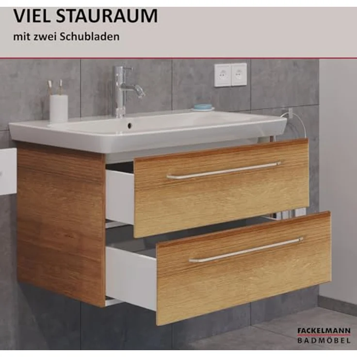 FACKELMANN MILANO Waschtisch Set mit Spiegelschrank 88 cm breit, Braun hell, Waschbecken Keramik Weiß – Bild 5