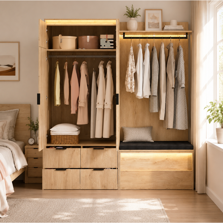 Garderoben-Set aus MDF mit LED-Beleuchtung, Spiegel und Sitzbank, 180x47x200 cm, Eiche/Anthrazit – Bild 2