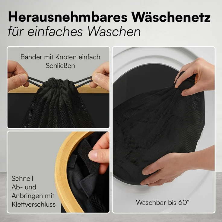 Bellamio 'Tolt' Wäschesammler aus Stoff und Bambus mit Deckel, 65L, ein Fach, mit herausnehmbaren und waschbarem Wäschesack, zusammenklappbar, schwarz – Bild 4