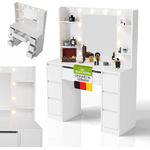 Juskys Schminktisch Malia mit LED-Beleuchtung & Spiegel, 7 Schubladen, stufenlos dimmbar, 3 Farbtemperaturen, Stauraum, elegantes Design – Weiß