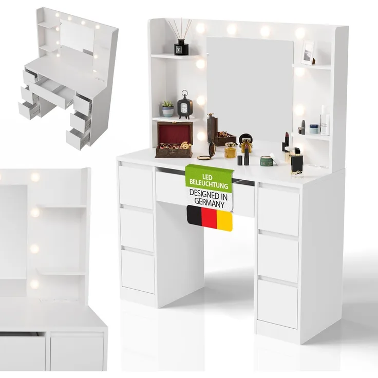 Juskys Schminktisch Malia mit LED-Beleuchtung & Spiegel, 7 Schubladen, stufenlos dimmbar, 3 Farbtemperaturen, Stauraum, elegantes Design – Weiß