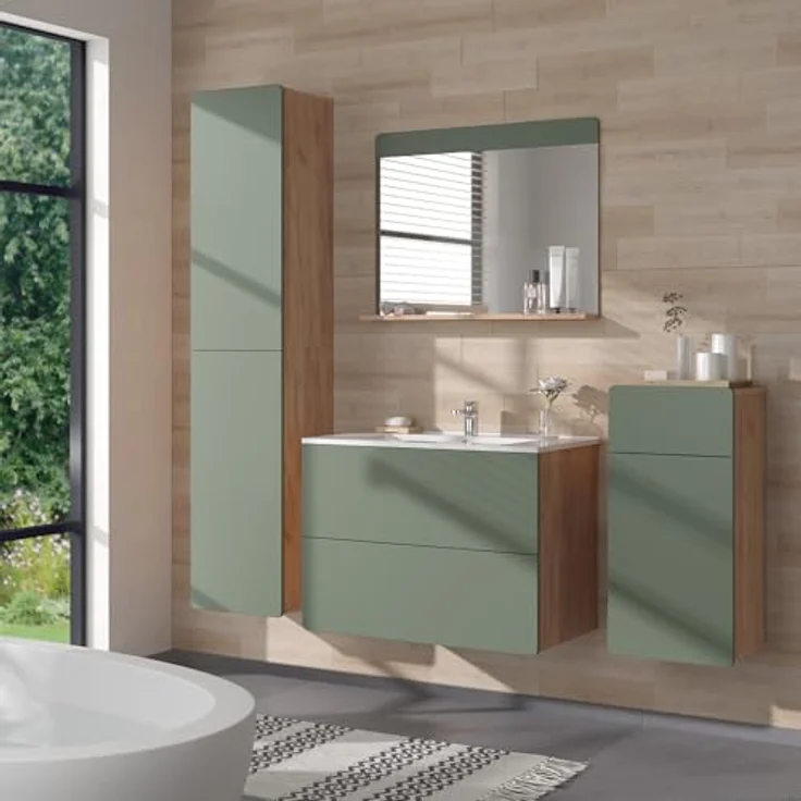 Vichy Badmöbel-Set Izan, 5-teiliges Badmöbelset in Goldkraft Eiche/Grün mit Hoch- und Midischrank – Bild 3