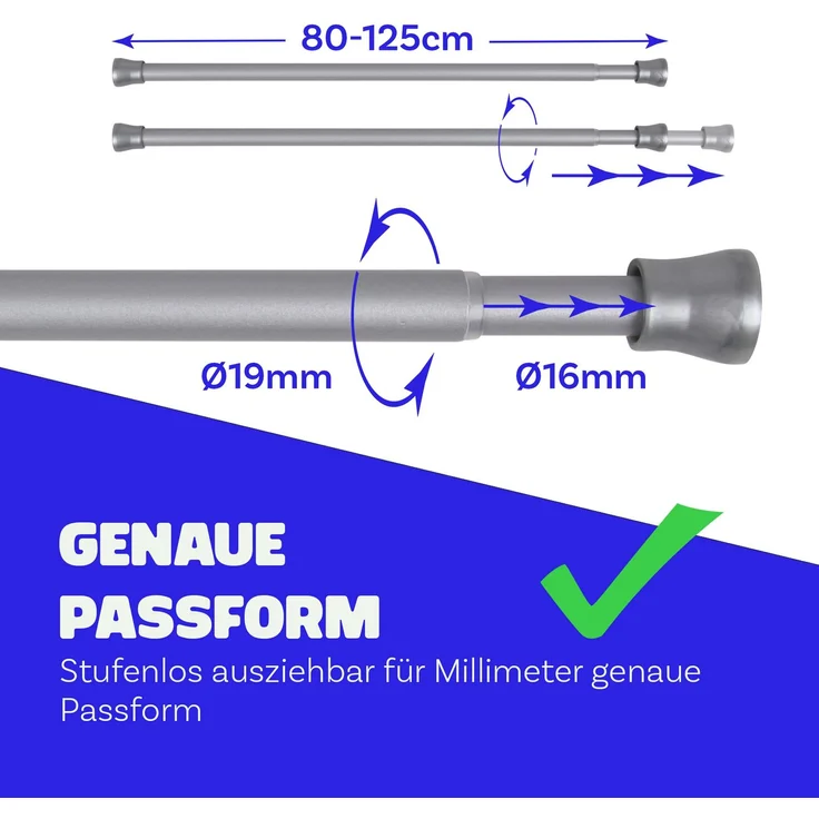 Verstellbare Vorhangstange - Spannstange zum Klemmen Silber Ø16/19 mm 80-125 cm – Bild 2