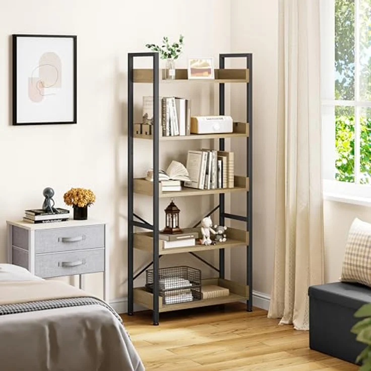 YITAHOME Bücherregal 5 Etagen, Bodenstehendes Bücherregal, Holzregal und stabiles Stahlrahmenregal mit 4 Haken Industrielles Lagerregal für Wohnzimmer, Heimbüro, Eiche Farbe – Bild 4