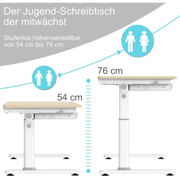 HOKO Kinderschreibtisch höhenverstellbar für Kinder ab 6 Jahren (Schreibtisch-Set, mit 90x20 cm Aufsatz, Buchstütze, 1 Schublade, Haken und Handkurbel), 100x60 cm Fläche, Klemmmontage ohne Bohren, Holzoptik, LUKA & ALVO – Bild 2