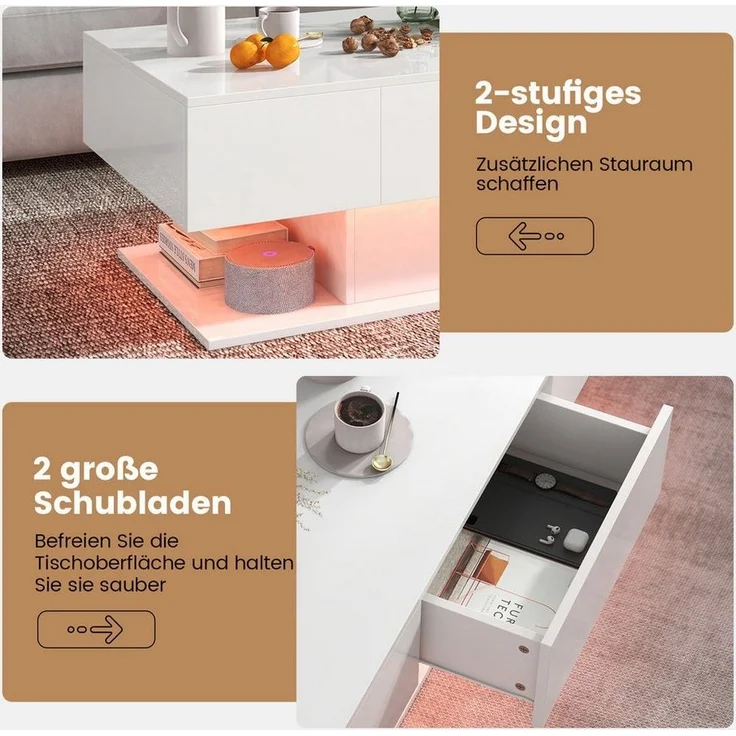 COSTWAY Couchtisch, LED, Hochglanz, 20 Farben einstellbar, mit Stauraum, Weiß – Bild 3