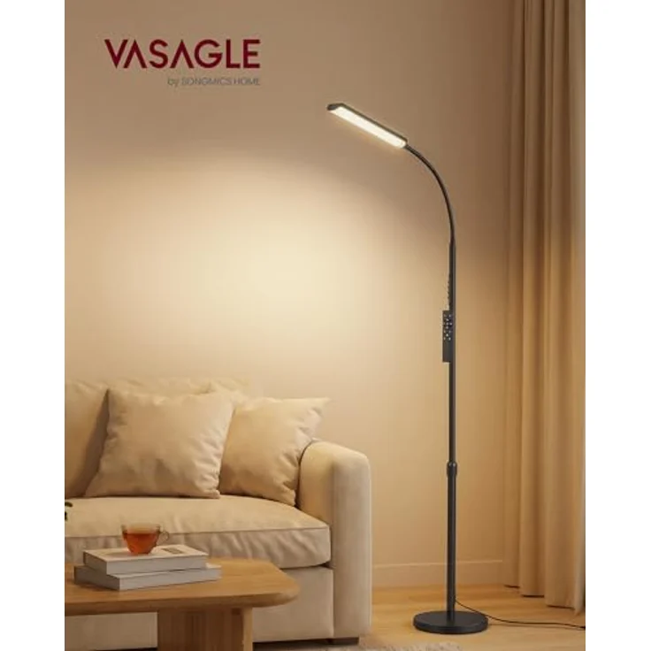 VASAGLE Stehlampe, Stehleuchte, Leselampe, 15 Watt, 141-175 cm höhenverstellbar, 360° drehbarer Schwanenhals, Timer- und Memory-Funktion, Fernbedienung, für Wohnzimmer, Mattschwarz LFL007BD02 – Bild 3