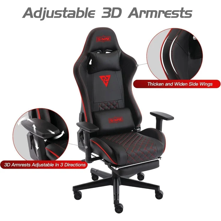 Gaming Stuhl Schwarz mit Fußstütze 3D Armlehne und Lendenwirbelstütze – Bild 6