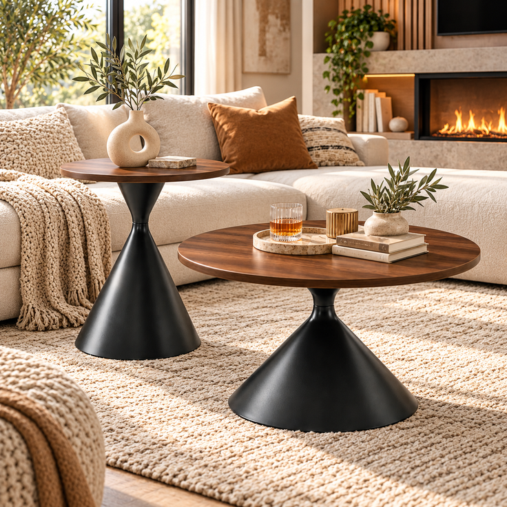 EINHOM 2er-Set Couchtisch & Beistelltisch in Walnussoptik – Runde Wohnzimmertische 70/50 cm, Melamin-Tischplatte, Schwarzes Pulverbeschichtetes Stahlgestell, für Wohnzimmer, Lounge & Café – Bild 7