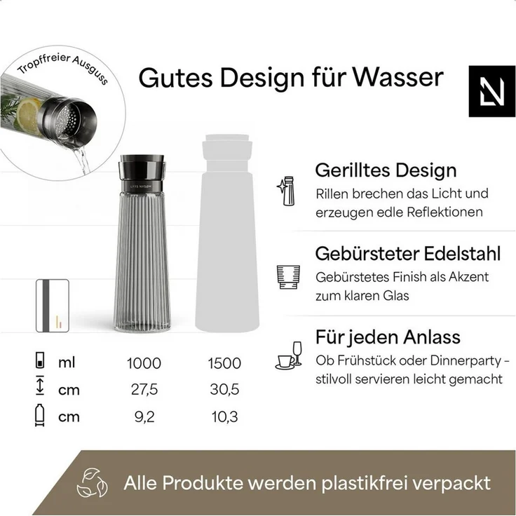 LARS NYSØM Wasserkaraffe Bækvand, (1-tlg), Glaskaraffe 1 l mit Edelstahldeckel und integriertem Sieb – Bild 4