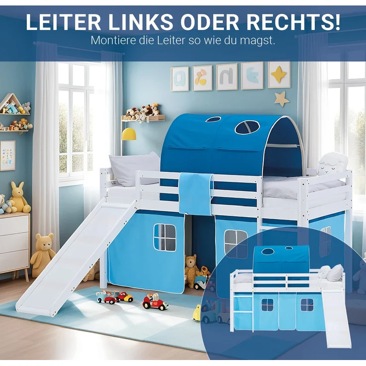 Hochbett Kinder 90x200 cm mit Rutsche Kinderbett Kinderhochbett Stockbett Vorhang Tunnel Blau Holz Massiv – Bild 6