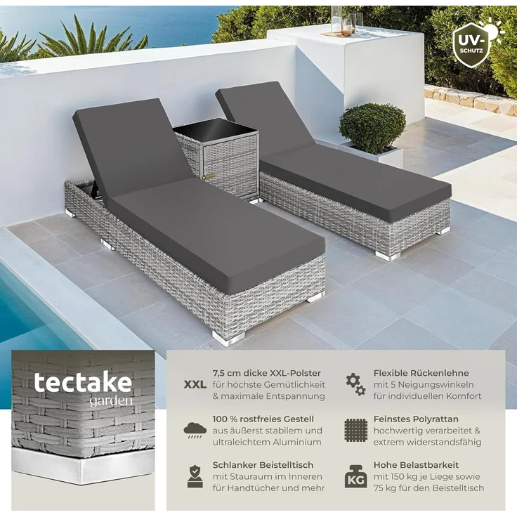 tectake 2er Lounge Sonnenliegen Set Plus Tisch – inkl. 2 Bezugsets und Schutzhülle, Outdoor Poly Rattan Gartenmöbel Set, 2X Gartenliege wetterfest - hellgrau – Bild 2