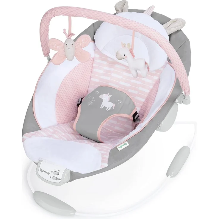 Ingenuity, Babywippe mit Vibration und 8 Melodien, Flora the Unicorn - abnehmbare spielbogen, gepolsterter Kopfstütze, Sicherheitsgurt, Babysitz ,Lautstärkeregler, grau / rosa, ab der Geburt bis 9kg – Bild 1
