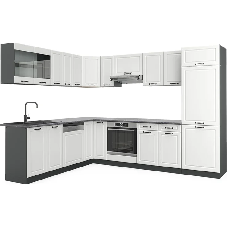 Eckküche R-Line Weiß Landhaus/Anthrazit 287 x 227 cm ohne Arbeitsplatte Vicco – Bild 1