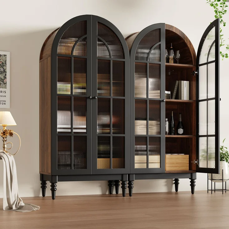 Hoher Bogen-Aufbewahrungsschrank, freistehende hohe Bogen-Aufbewahrungstür für Küche und Wohnzimmer,Küchenschrank, Aufbewahrungsschrank,Vitrine mit Glastüren,Schrank mit Holzmaserung, 2 Schränke – Bild 1