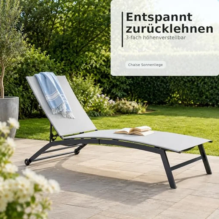 Ambia Garden Sonnenliege, Anthrazit und Weiß, Metall, 195x90x63 cm, wetterbeständig, verstellbare Rückenlehne mit Rädern am Kopfende – Bild 5