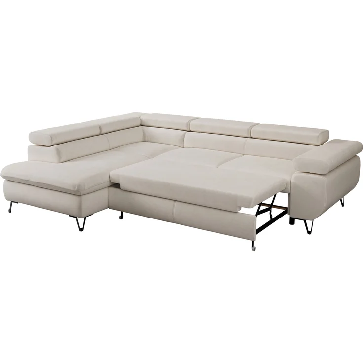 Mks Möbel 'Peter L-form' Ecksofa mit Bettfunktion, Bettkasten & einstellbaren Kopfstützen, Hellbeige, Mikrofaser, mit Topper, links – Bild 6