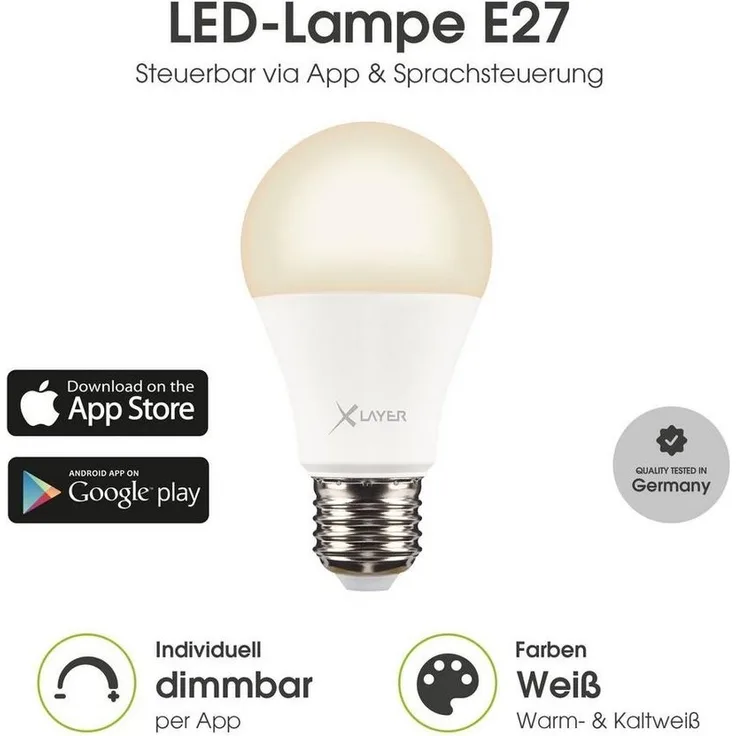 XLAYER Smarte LED-Leuchte WLAN LED Lampe Smart Echo E27 9W Warm- und Kaltweiß, Dimmbar