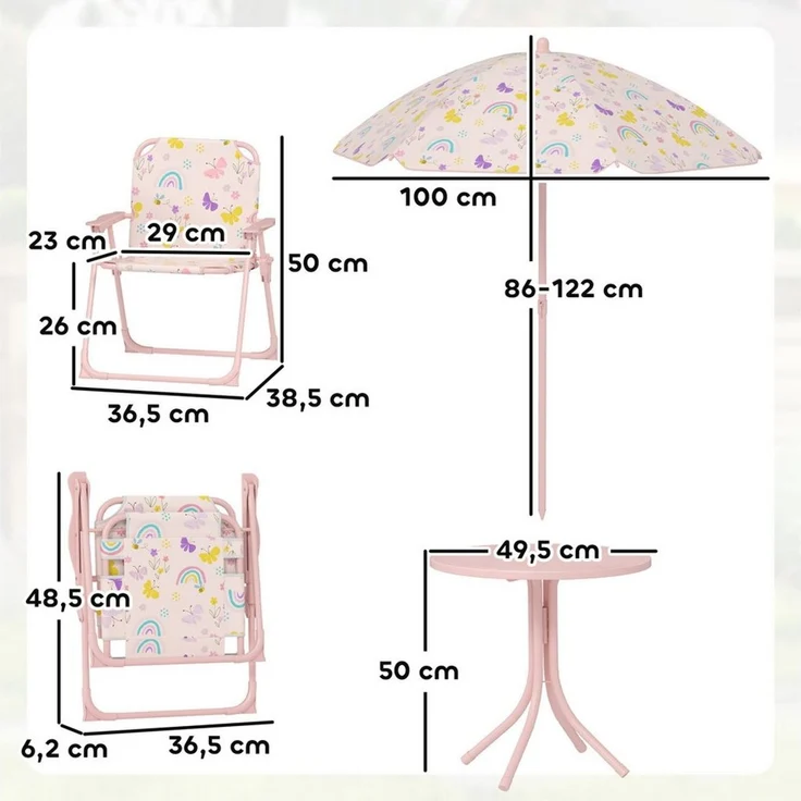 AIYAPLAY Garten-Kindersitzgruppe Kindersitzgarnitur, (mit Tisch, Klappstuhl, Sonnenschirm, 4-tlg, für Camping, 2-5 Jahre Kinder), Rosa – Bild 2