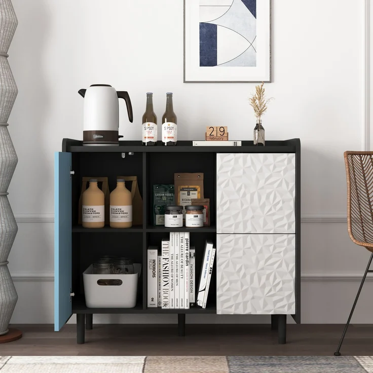 Sideboard-Buffetschrank in Schwarz mit blauen Türen und 2 Schubladen – Viel Stauraum für Küche und Esszimmer – Bild 3