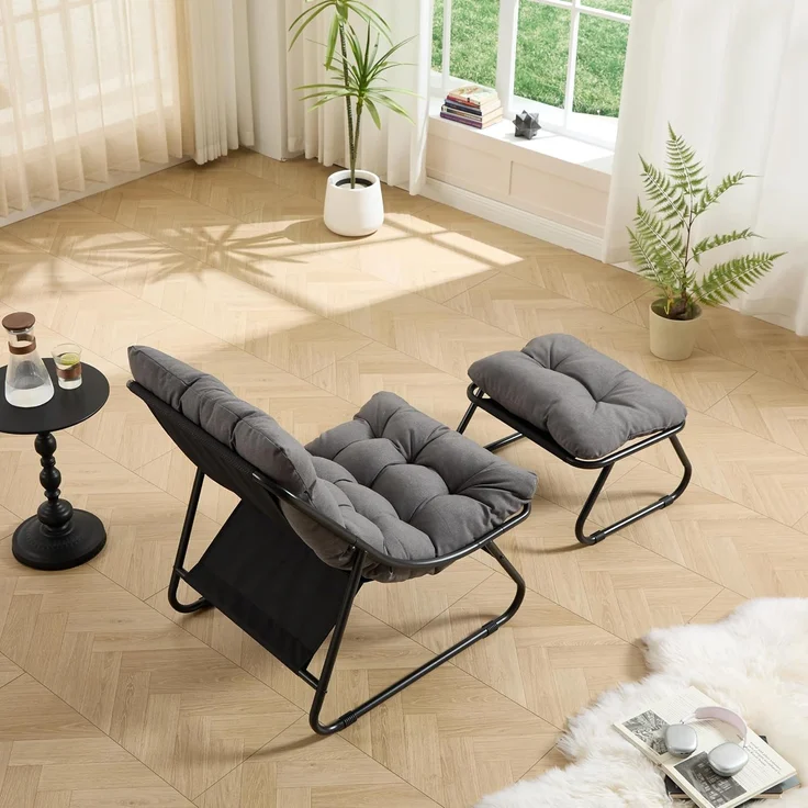 LVHOM Sessel mit Hocker, Gepolsterter Loungesessel aus Cord mit Metallgestell, ergonomischer Relaxsessel für Wohnzimmer und Schlafzimmer, Dunkelgrau – Bild 5