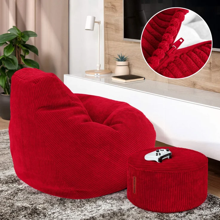 Green Bean® Sitzsack mit Hocker aus Cord - Sitzsäcke für das Wohnzimmer, Schlafzimmer, Sitzsack-Sessel für Erwachsene Rot – Bild 3