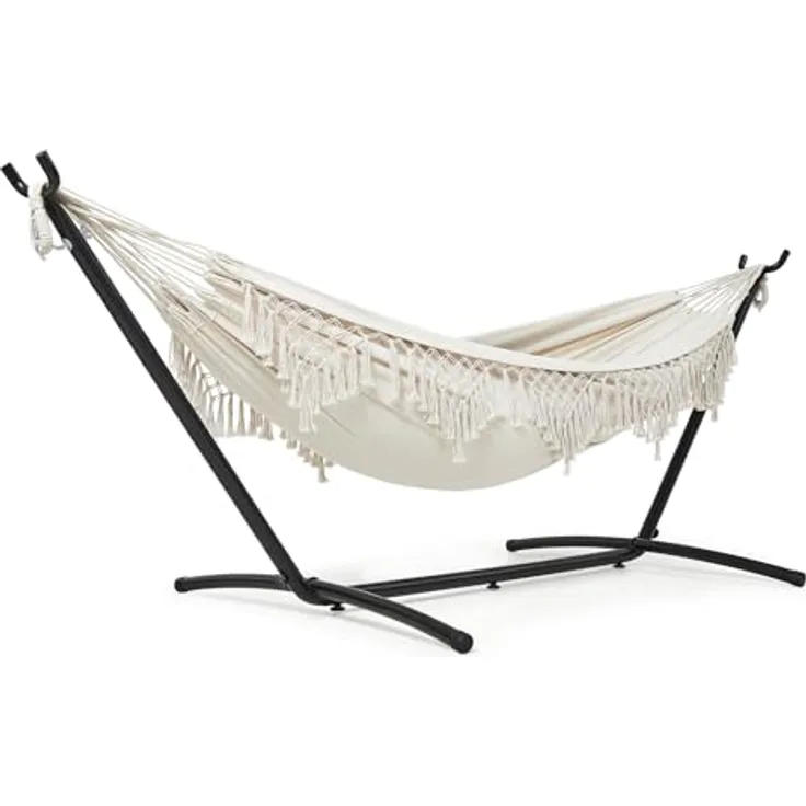 Mondeer Hängematte mit Gestell für 2 Personen - Verstellbare Doppelhängematte im Boho-Stil mit Getränkehalter & robustem Eisengestell, für Terrasse, Garten und Hof, Beige