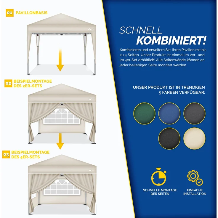 tillvex® 4X Seitenwand beige für Pavillon 3x3m & 3x6m | Faltpavillon Seitenteile wasserabweisend | Seitenfenster & Reißverschluss | Seitenwände für Gartenzelt Partyzelt – Bild 9