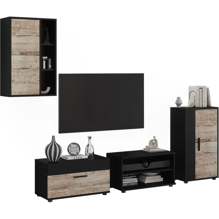 Wohnwand Berno Schwarz/Sandeiche 4-teiliges Set Vicco – Bild 5