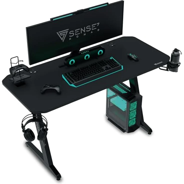 SENSE7 Schreibtisch Nomad Basic, Gaming Tisch 100x50, PC Tisch mit Kopfhörerhaken, Getränkehalter, Controller Halter, Gaming Computertisch mit Kohlefaseroberfläche, Ergonomischer Gaming Desk – Bild 2