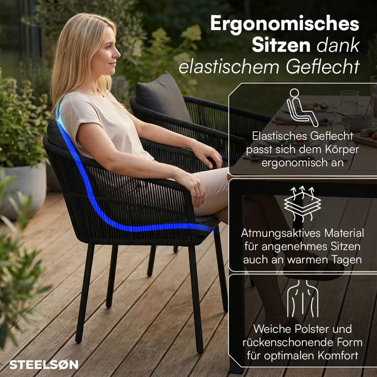 STEELSØN 'Nair' Polyrattan Gartenstuhl, 4er-Set, schwarz, wetterfest & UV-beständig, Balkonstühle bis 160 kg belastbar, Gartensessel inkl. Kissen – Bild 3