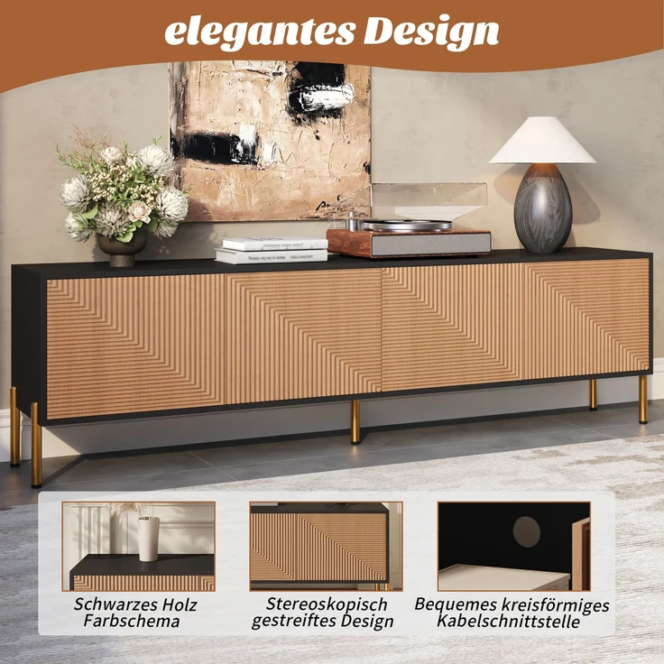 TV-Schrank aus Spanplatte mit 4 Türen & Metallgestell, 179x35x53,5 cm, Schwarz/Natur – Bild 5