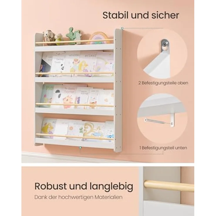 SONGMICS Bücherregal Kinder, Kinderregal mit 4 Ebenen, Spielzeugregal, Wandregal, für Kinderzimmer, Spielzimmer, weiß-naturfarben GKR014W01 – Bild 6