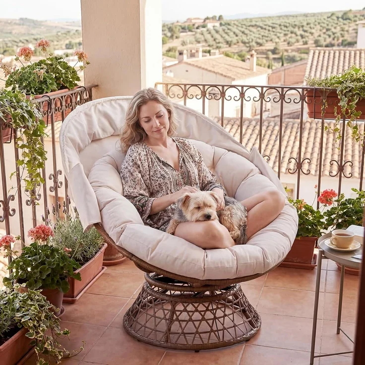 COMHOMA Papasansessel, gemütlicher Drehsessel mit Kissen rund, bequemer Rattansessel, Loungesessel drehbar, runder Relax Korbsessel Rattan für Wohnzimmer, Leseecke, Lounge - BEIGE – Bild 2