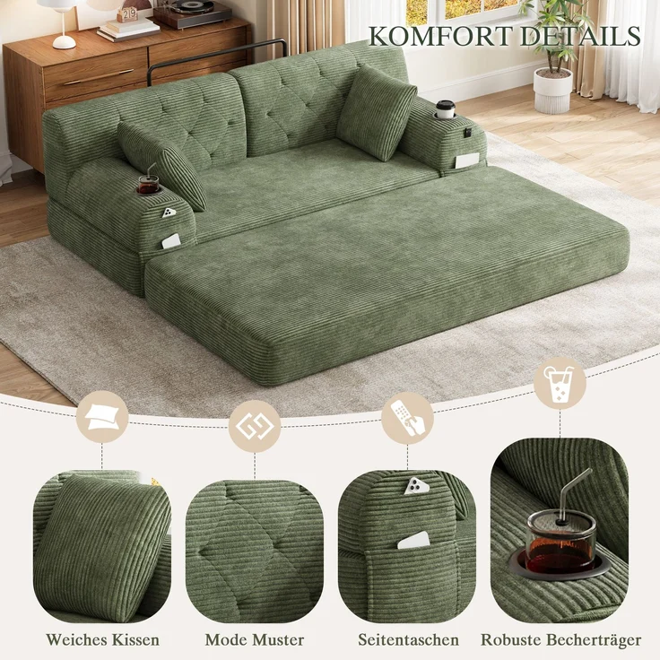TavilaEcon 2-Sitzer Schlafsofa, komprimiertes Cord Sofa mit hoher Rückenlehne grün 81 × 80 × 168 cm (H × T × B) – Bild 7