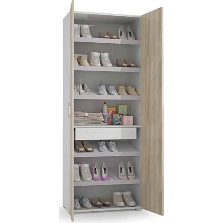 Dmora - Mehrzweckschrank mit 2 Türen Ginestra, linearer Schrank mit 2 Flügeltüren, Kleiderschrank mit 6 Regalen, modernes Schuhregal, 100 % Made in Italy, 72 x 37 x 195 cm, Ulme und Weiß – Bild 3